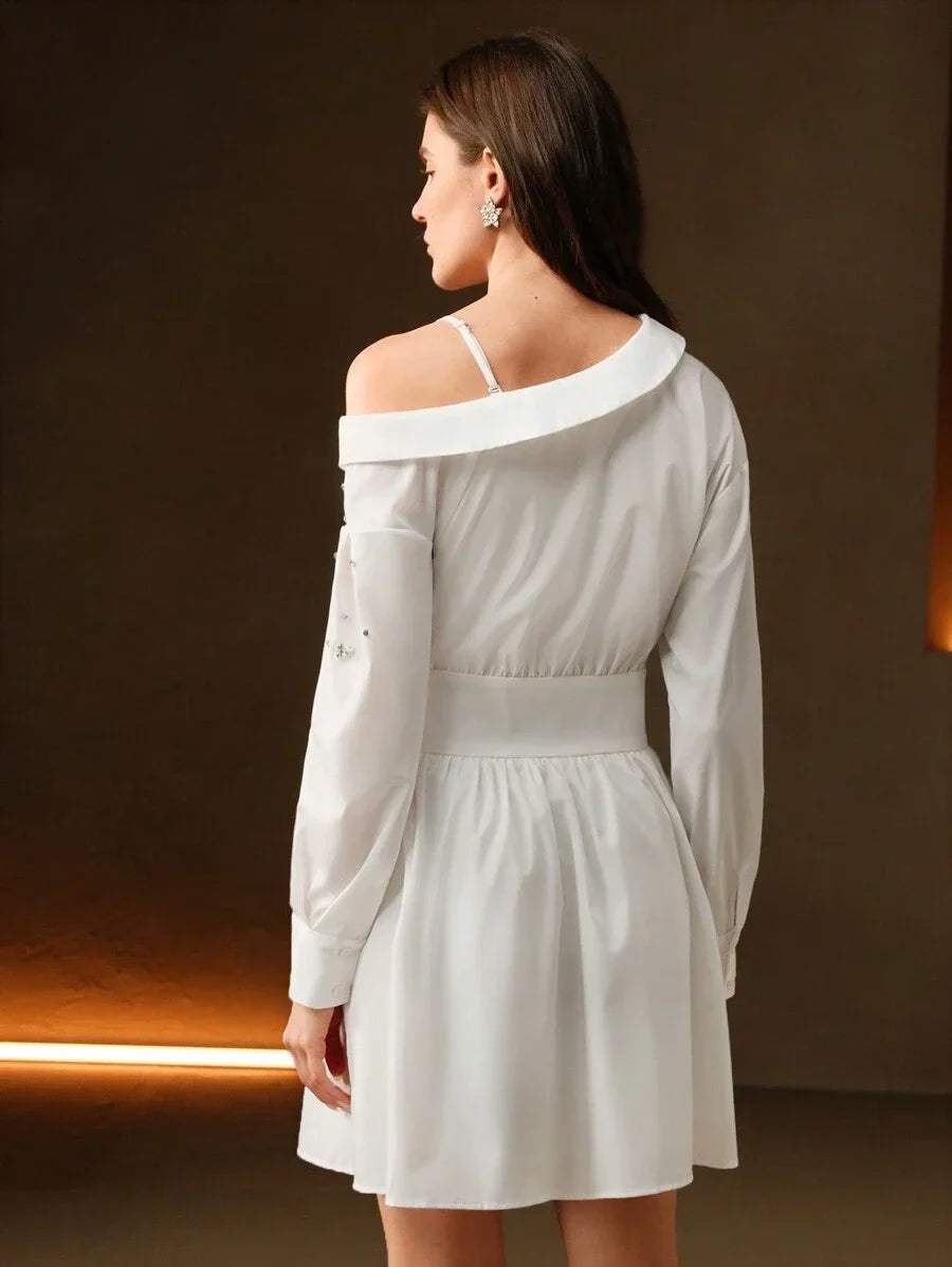 Womens Sleeveless Studded Shirt Dress Elegant One Shoulder Long Sleeve Lightweight Luxurious