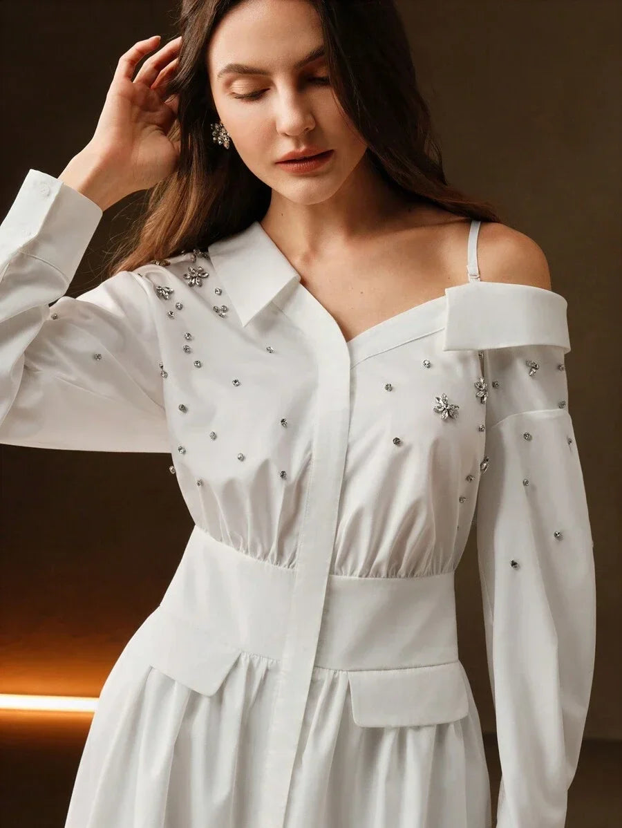 Womens Sleeveless Studded Shirt Dress Elegant One Shoulder Long Sleeve Lightweight Luxurious