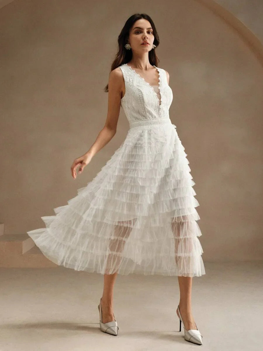 Womens Solid Color Deep VNeck Minimalist Casual Sleeveless Mesh Dress For Holiday Party Clothes