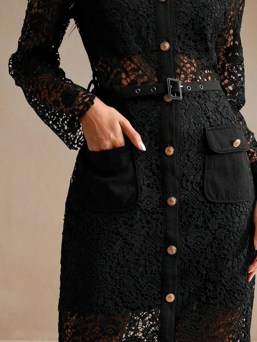 Womens SpringAutumn Long Sleeve Elegant French Lace Waist Slim Dress