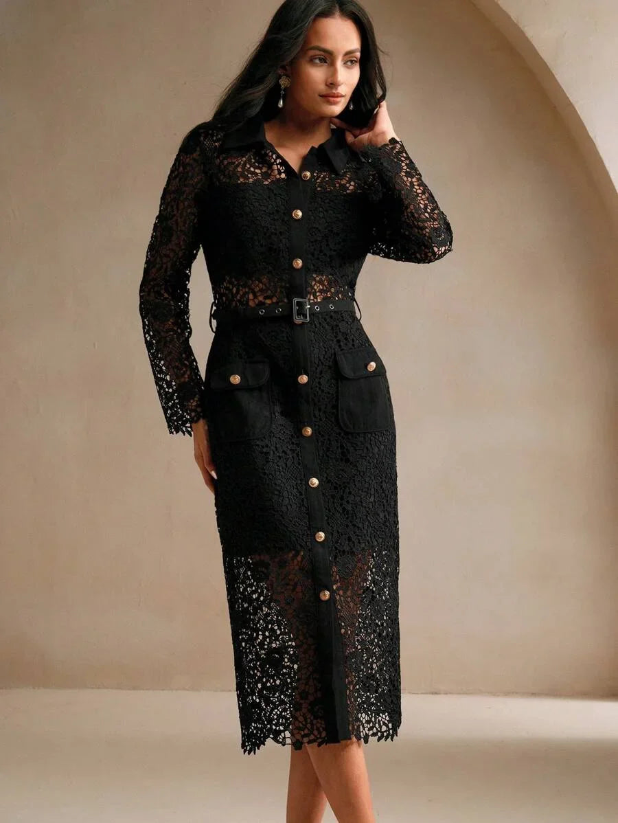 Womens SpringAutumn Long Sleeve Elegant French Lace Waist Slim Dress
