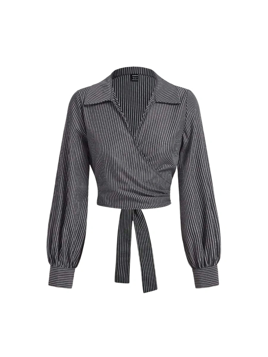 Black striped wrap blouse with puff sleeves and tie waist