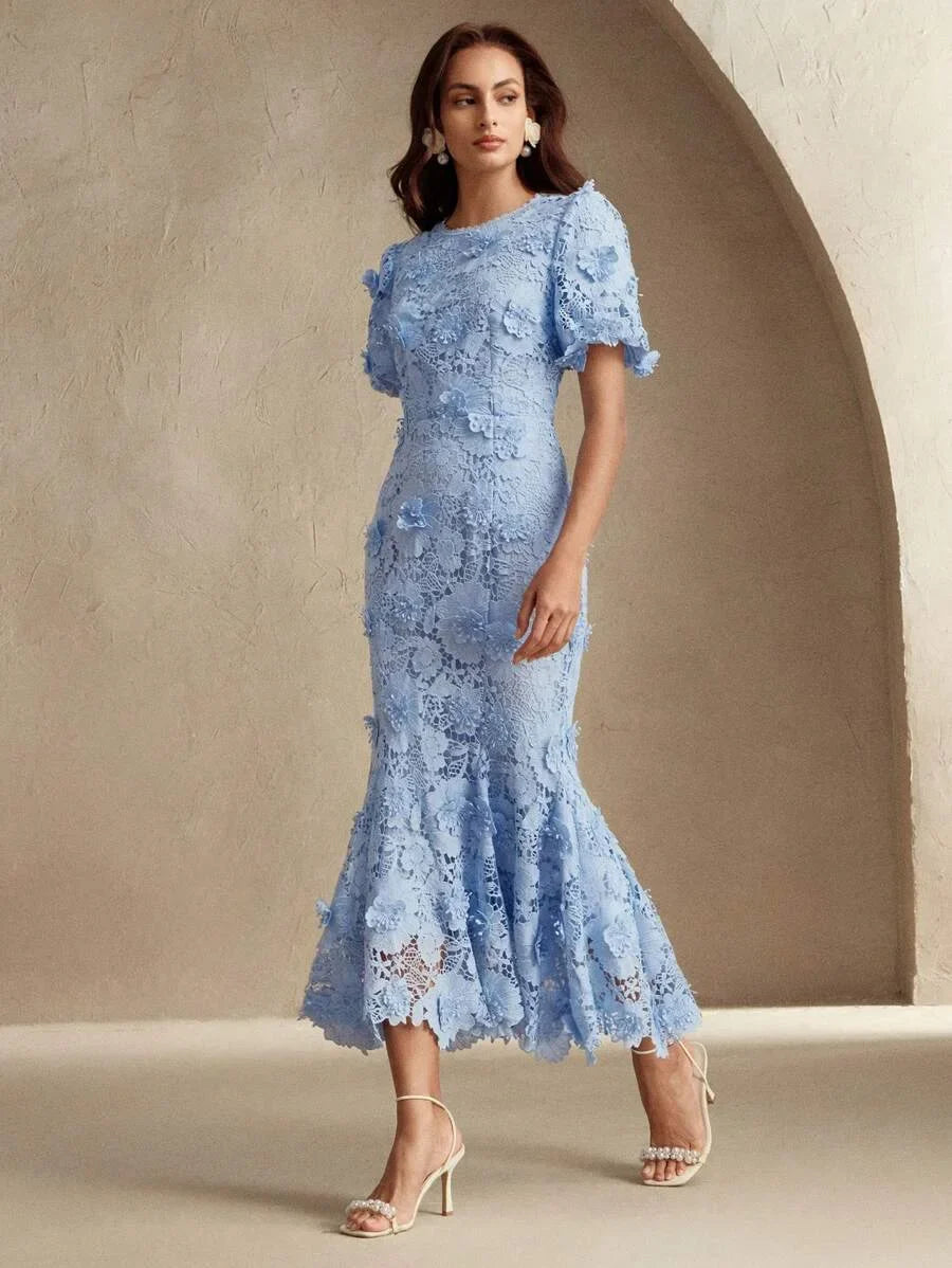 Womens Summer New 3D Floral Lace Long Dress Fashion Banquet Floral Dress
