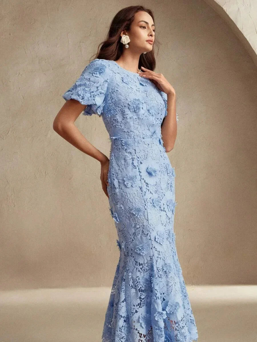 Womens Summer New 3D Floral Lace Long Dress Fashion Banquet Floral Dress