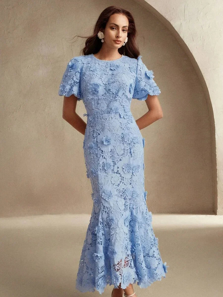 Womens Summer New 3D Floral Lace Long Dress Fashion Banquet Floral Dress