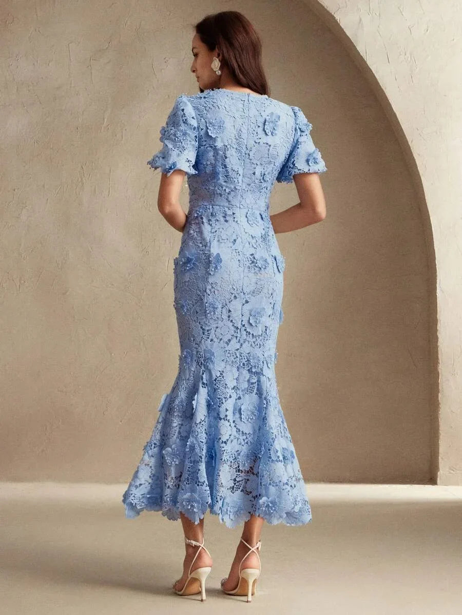 Womens Summer New 3D Floral Lace Long Dress Fashion Banquet Floral Dress