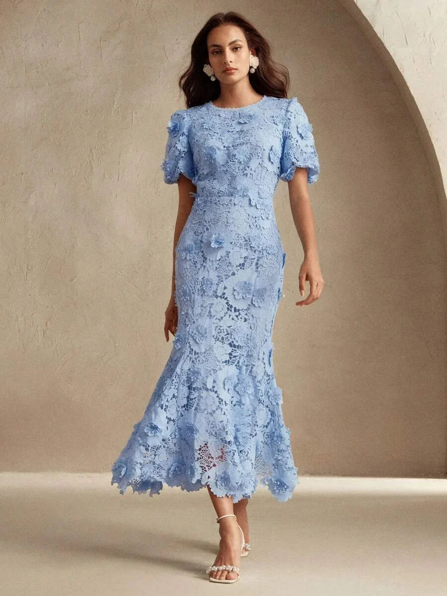 Womens Summer New 3D Floral Lace Long Dress Fashion Banquet Floral Dress