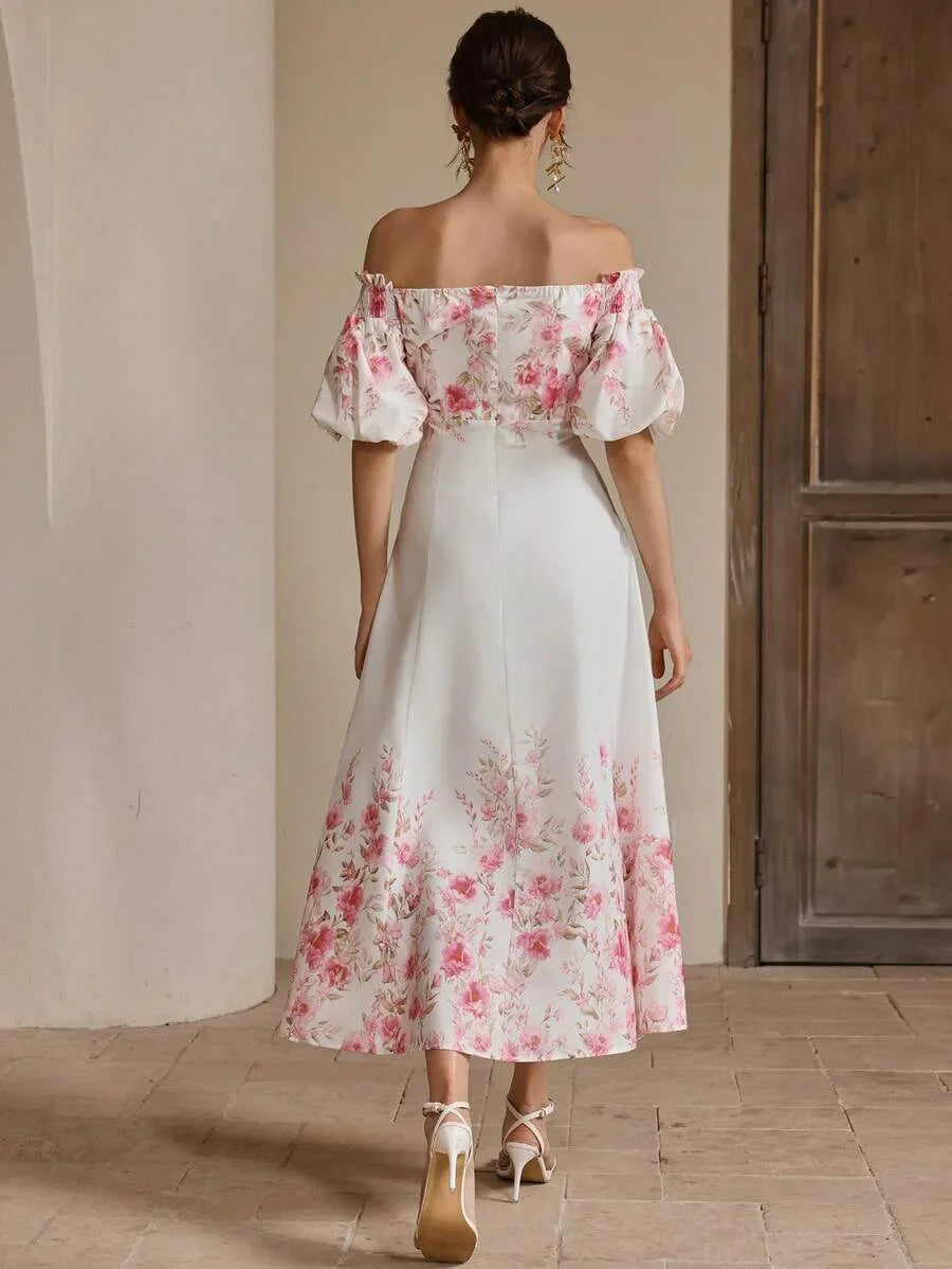 Womens Summer Puff Sleeve Long Waisted Printed Casual Vacation Dress Elegant
