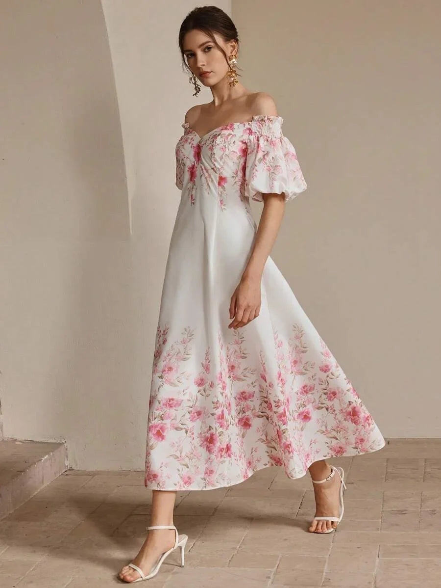 Womens Summer Puff Sleeve Long Waisted Printed Casual Vacation Dress Elegant