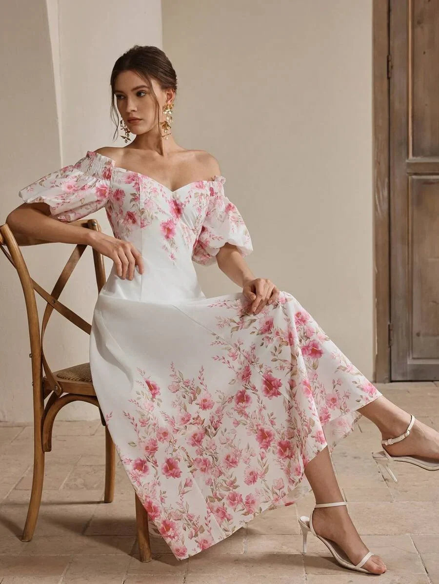 Womens Summer Puff Sleeve Long Waisted Printed Casual Vacation Dress Elegant