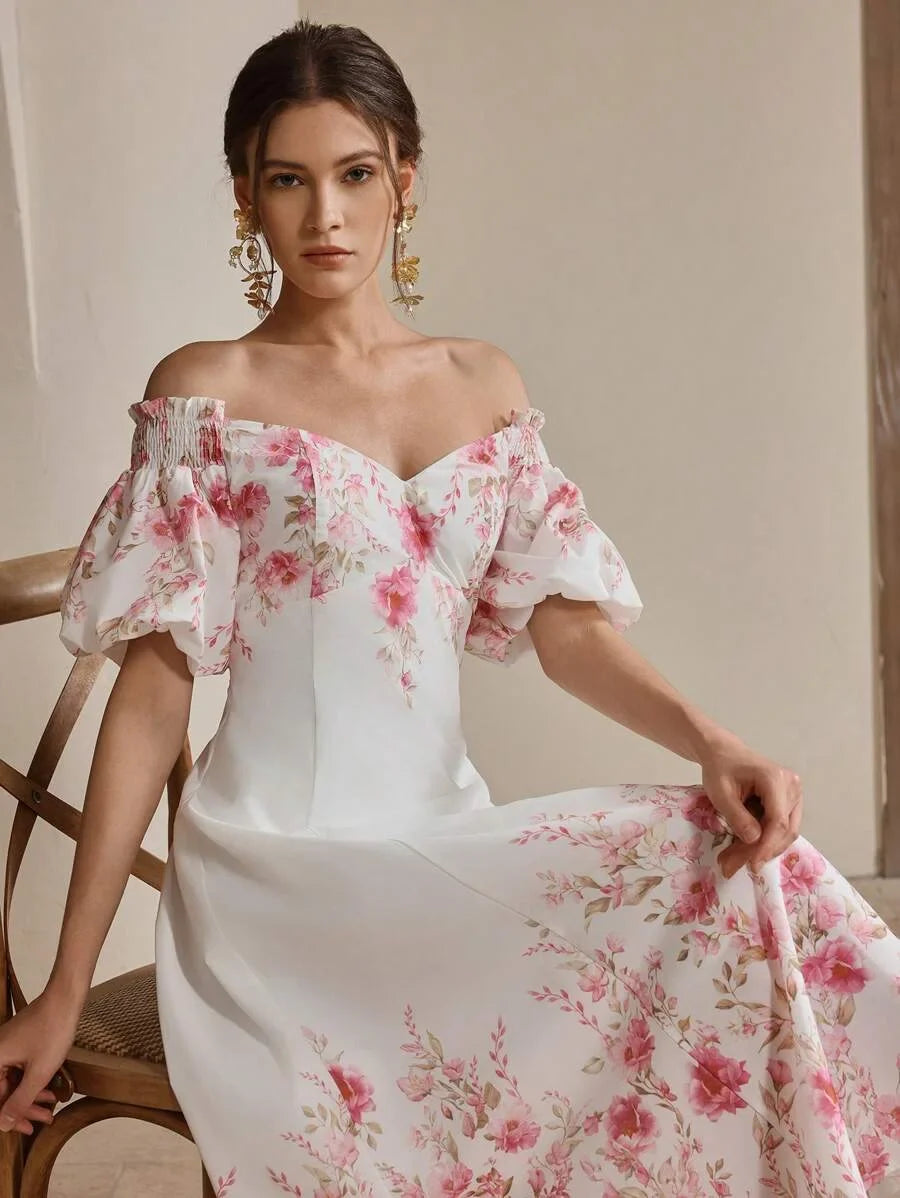 Womens Summer Puff Sleeve Long Waisted Printed Casual Vacation Dress Elegant
