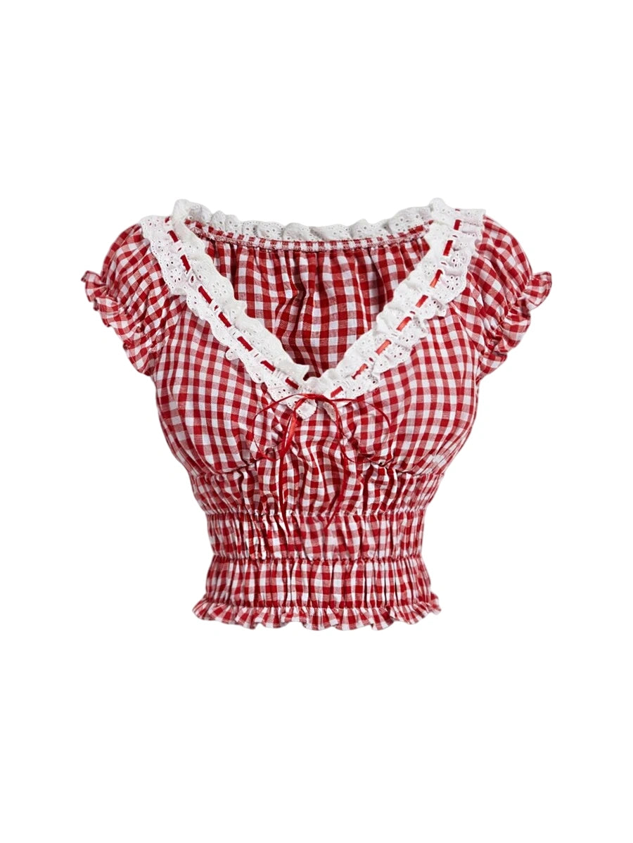 Womens Crop Top Summer Red and White Plaid Puff Sleeve Shirt With Embroidered Collar Lace Trim Tie Bow