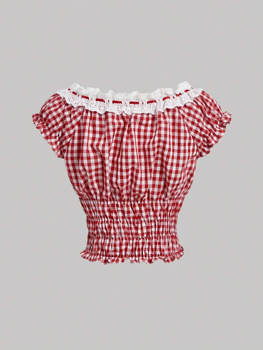 Womens Crop Top Summer Red and White Plaid Puff Sleeve Shirt With Embroidered Collar Lace Trim Tie Bow