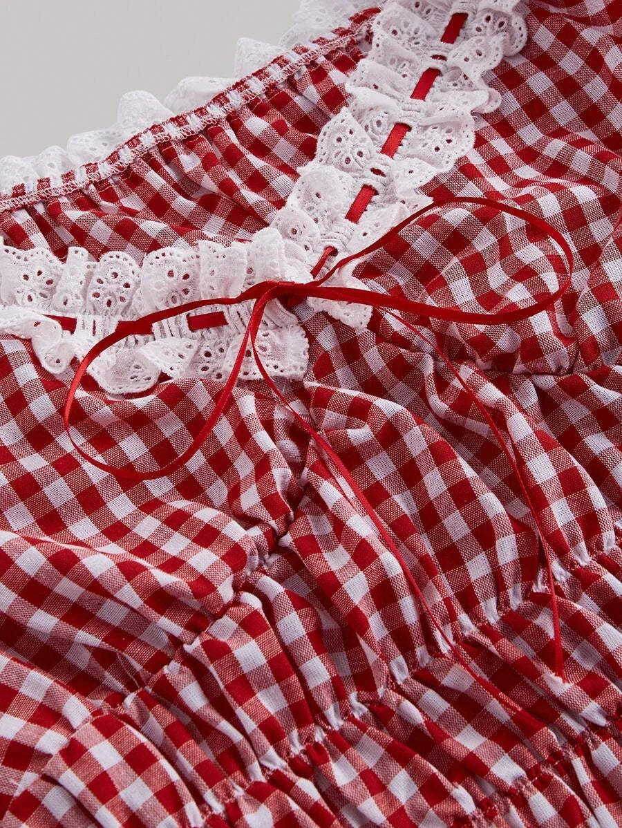 Womens Crop Top Summer Red and White Plaid Puff Sleeve Shirt With Embroidered Collar Lace Trim Tie Bow