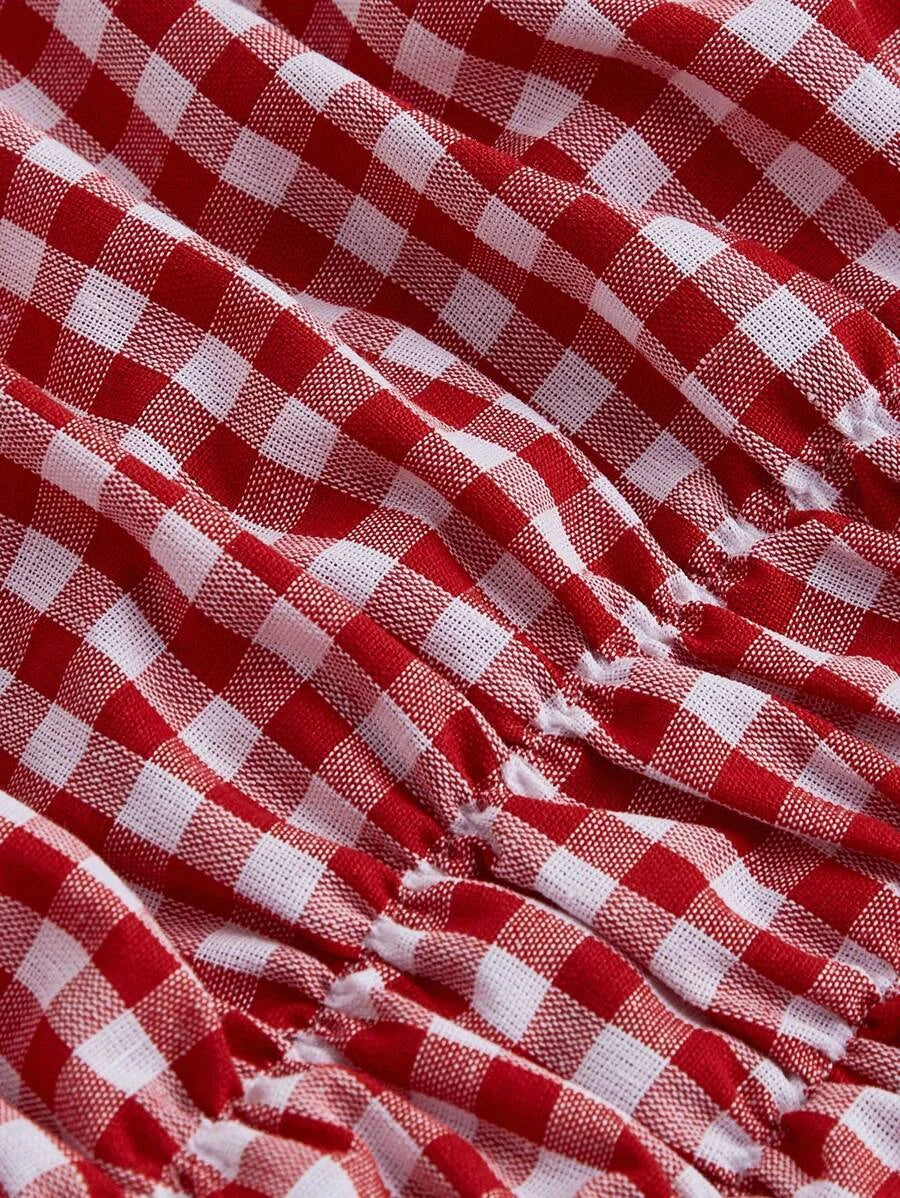 Womens Crop Top Summer Red and White Plaid Puff Sleeve Shirt With Embroidered Collar Lace Trim Tie Bow