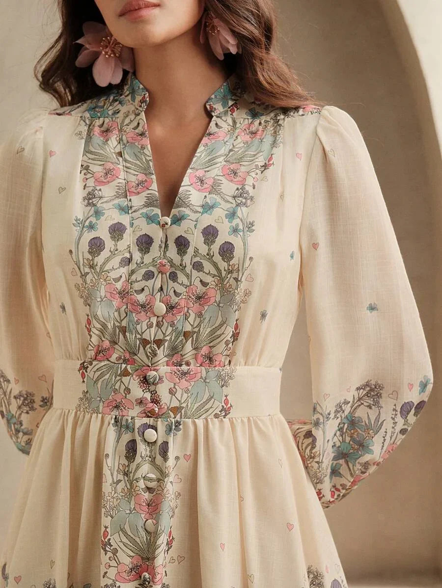Womens Vacation Style Lantern Sleeve Single Breasted Printed Bodycon Mini Dress