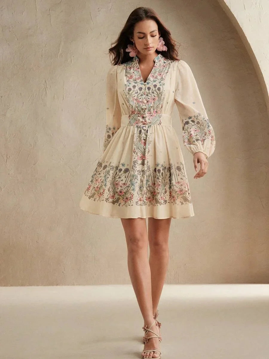 Womens Vacation Style Lantern Sleeve Single Breasted Printed Bodycon Mini Dress