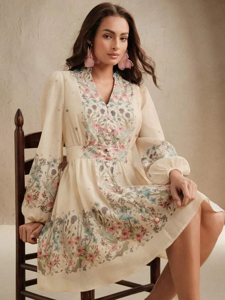 Womens Vacation Style Lantern Sleeve Single Breasted Printed Bodycon Mini Dress