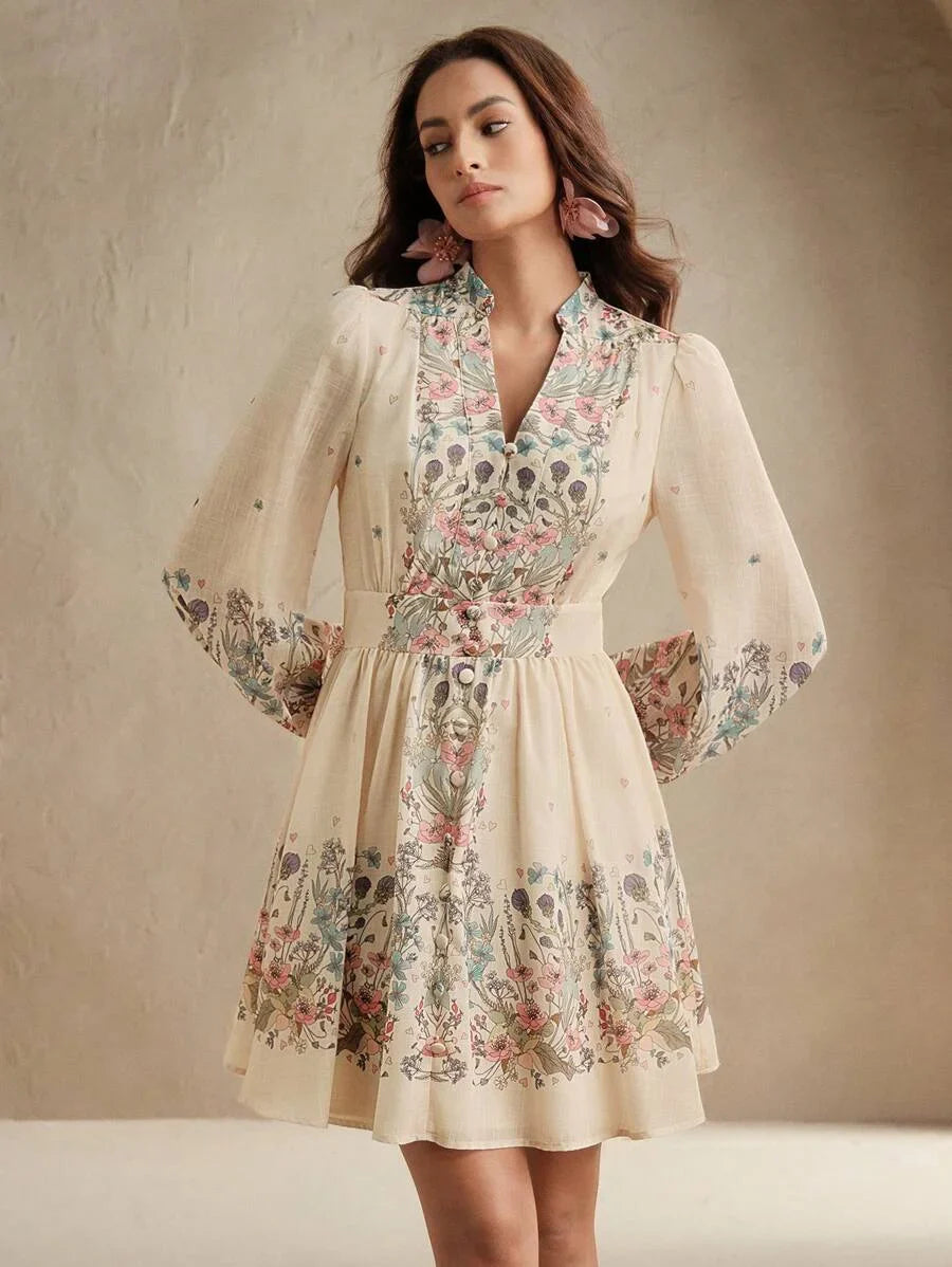 Womens Vacation Style Lantern Sleeve Single Breasted Printed Bodycon Mini Dress