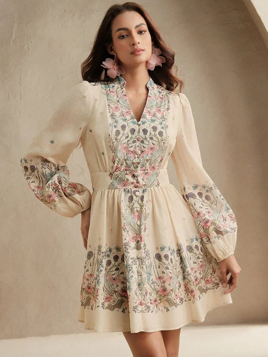 Womens Vacation Style Lantern Sleeve Single Breasted Printed Bodycon Mini Dress