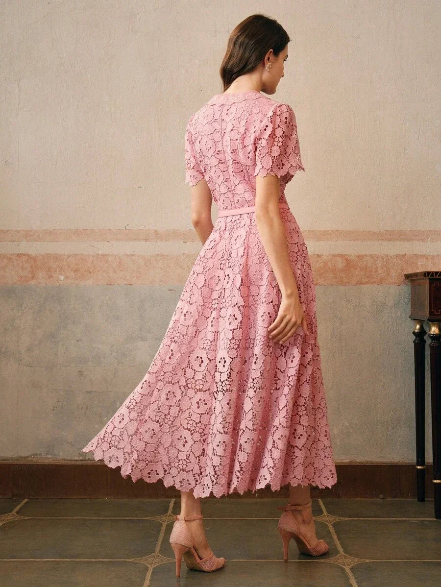 Womens VNeck Cinched Waist Elegant Fitted Midi Dress With Water Soluble Lace