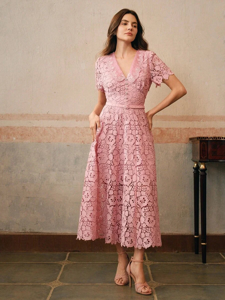 Womens VNeck Cinched Waist Elegant Fitted Midi Dress With Water Soluble Lace