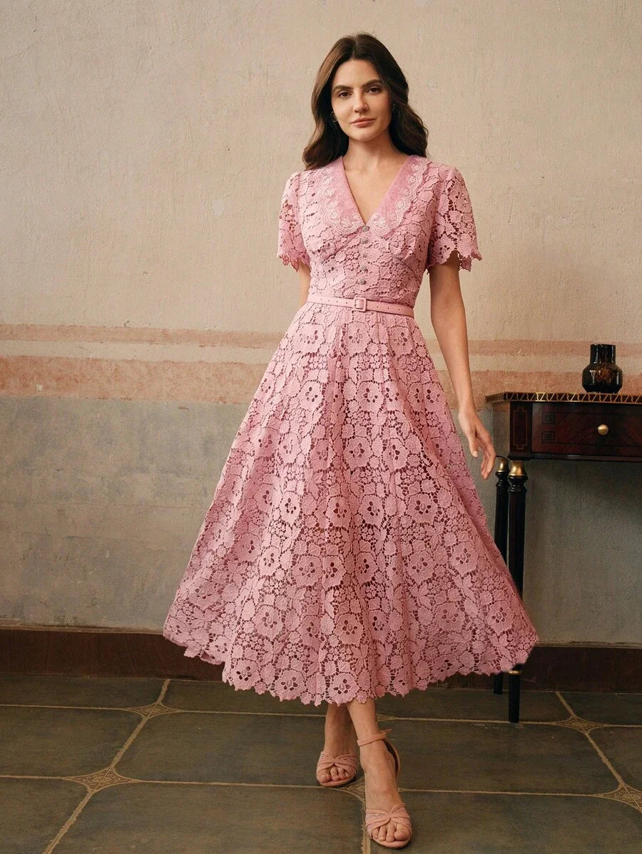 Womens VNeck Cinched Waist Elegant Fitted Midi Dress With Water Soluble Lace