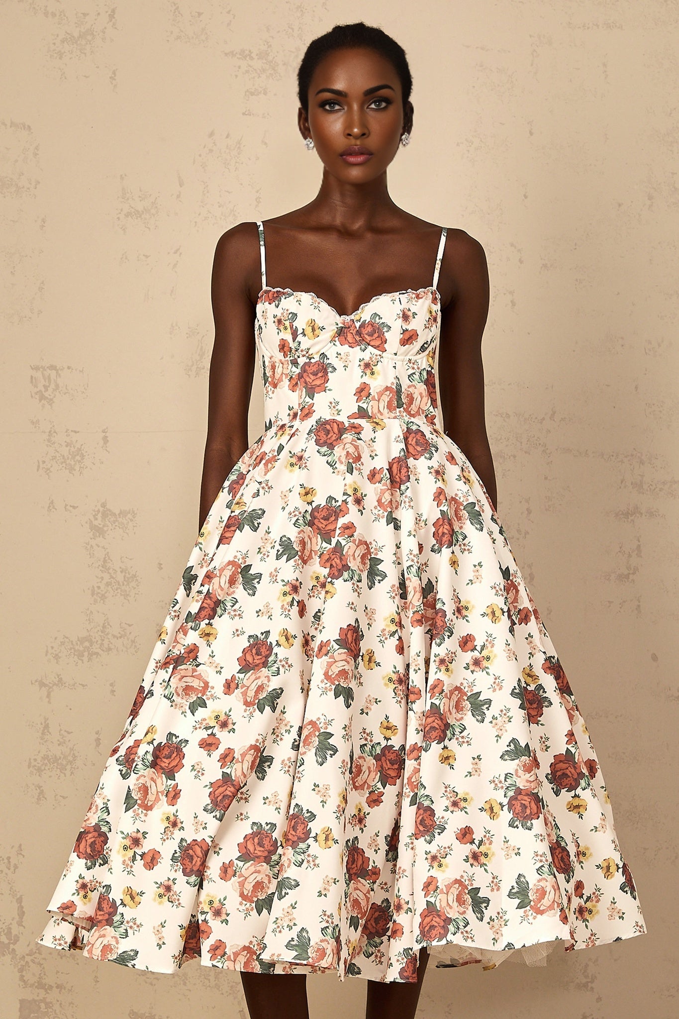 Womens white dress with rose print pattern and flounced skirt falling to midi length