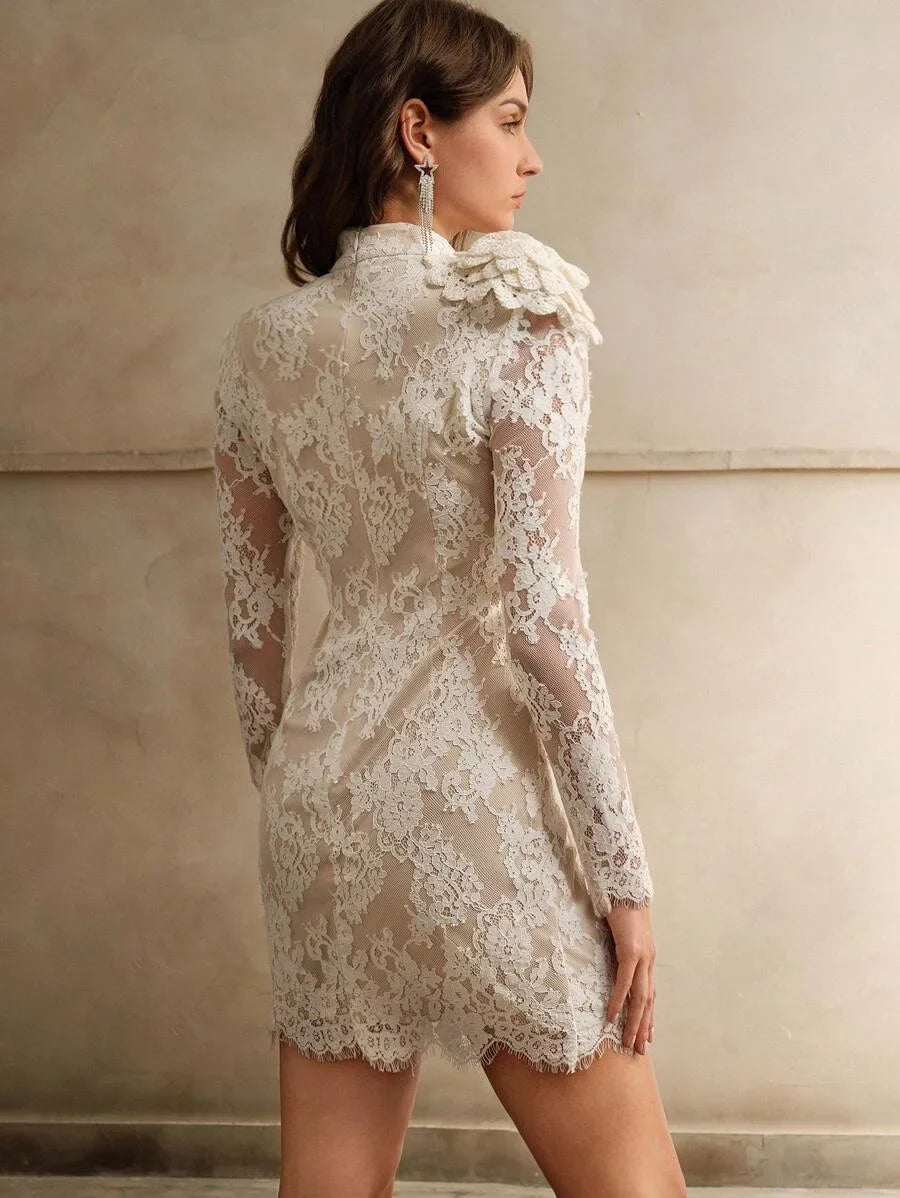 Womens White Lace Elegant 3D Floral Short Skater Dress For Autumn And Winter