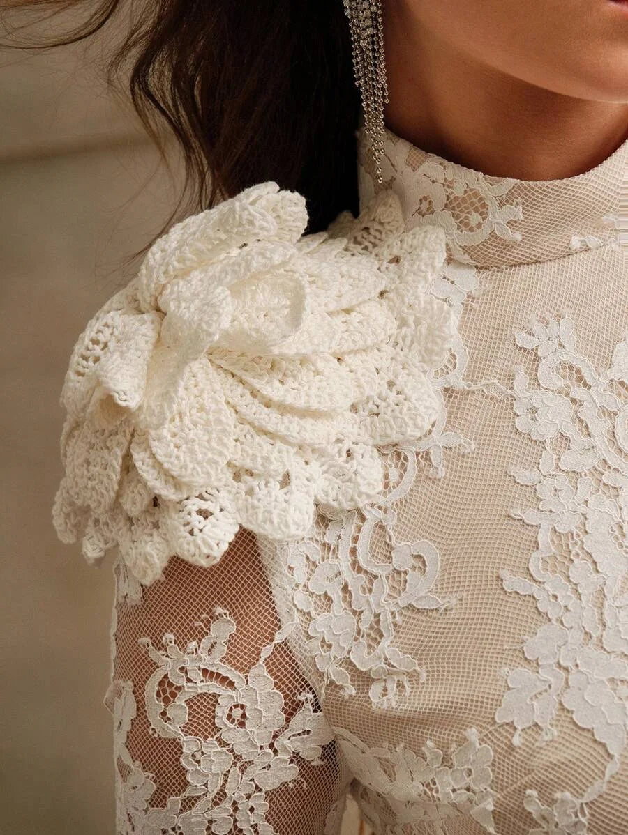 Womens White Lace Elegant 3D Floral Short Skater Dress For Autumn And Winter