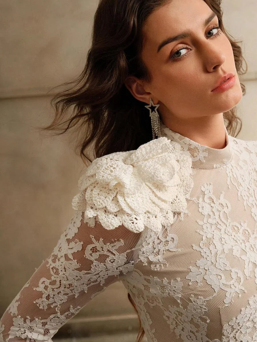 Womens White Lace Elegant 3D Floral Short Skater Dress For Autumn And Winter