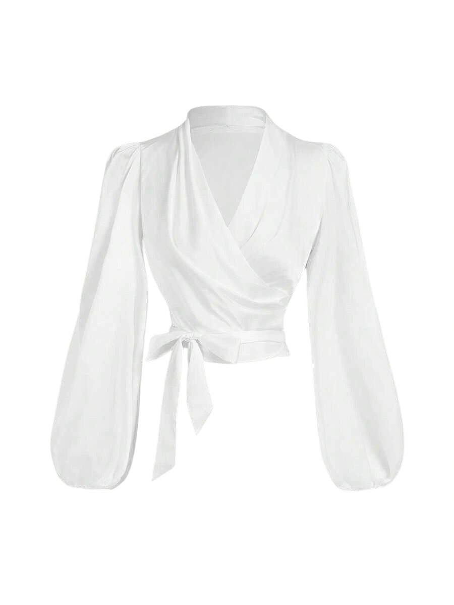 Womens White Crop Top Wrap Around Tie Up Bow Batwing Sleeve