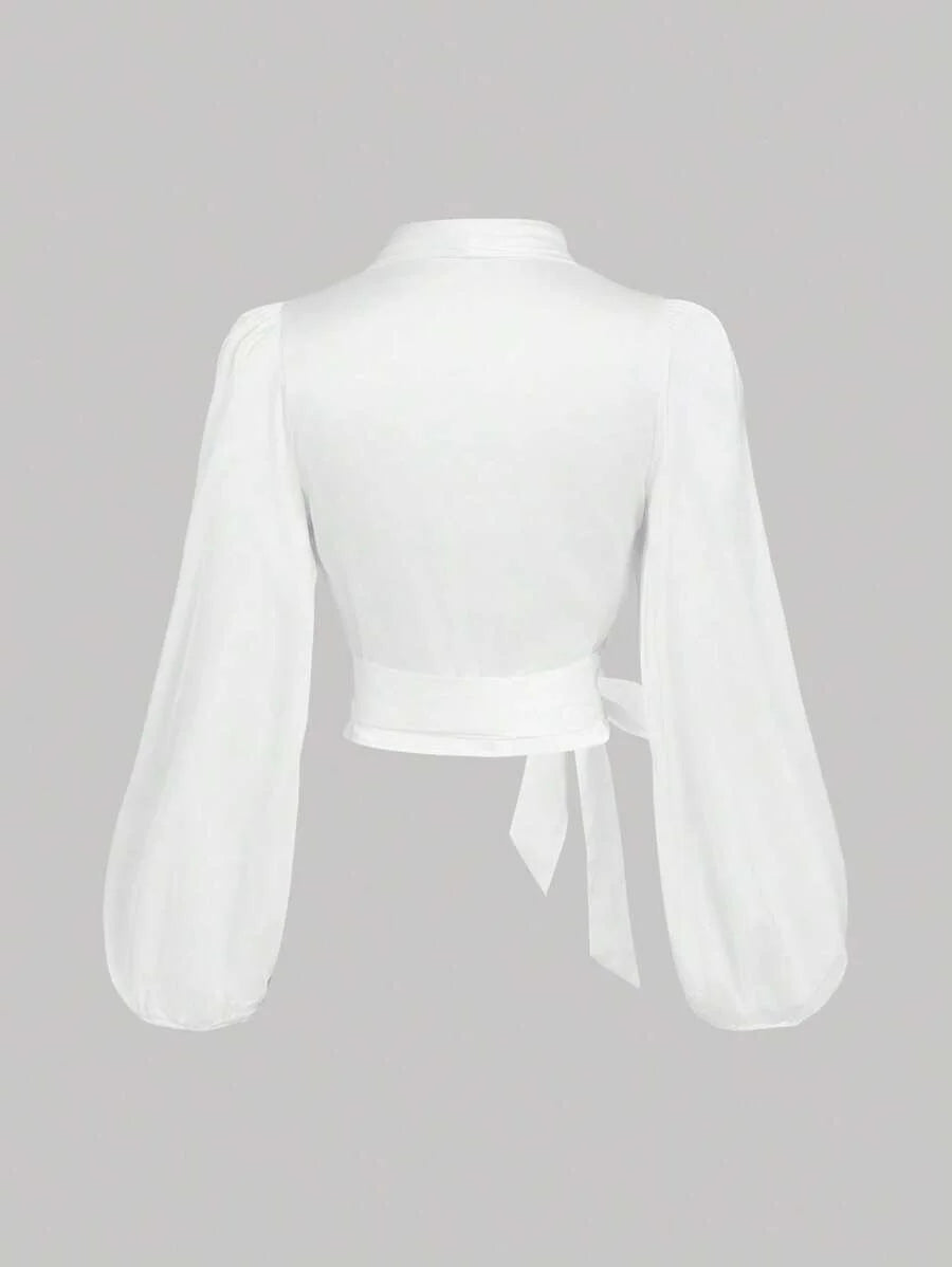 Womens White Crop Top Wrap Around Tie Up Bow Batwing Sleeve