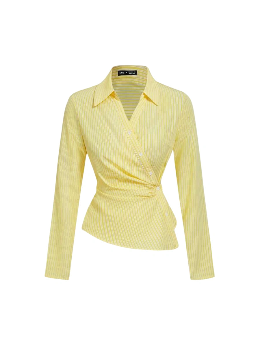 Womens Yellow and White Striped Turndown Collar Fold Over Long Sleeve Crop Top Business Business Casual