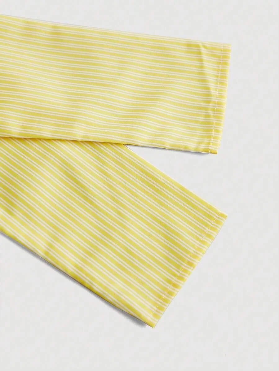 Womens Yellow and White Striped Turndown Collar Fold Over Long Sleeve Crop Top Business Business Casual