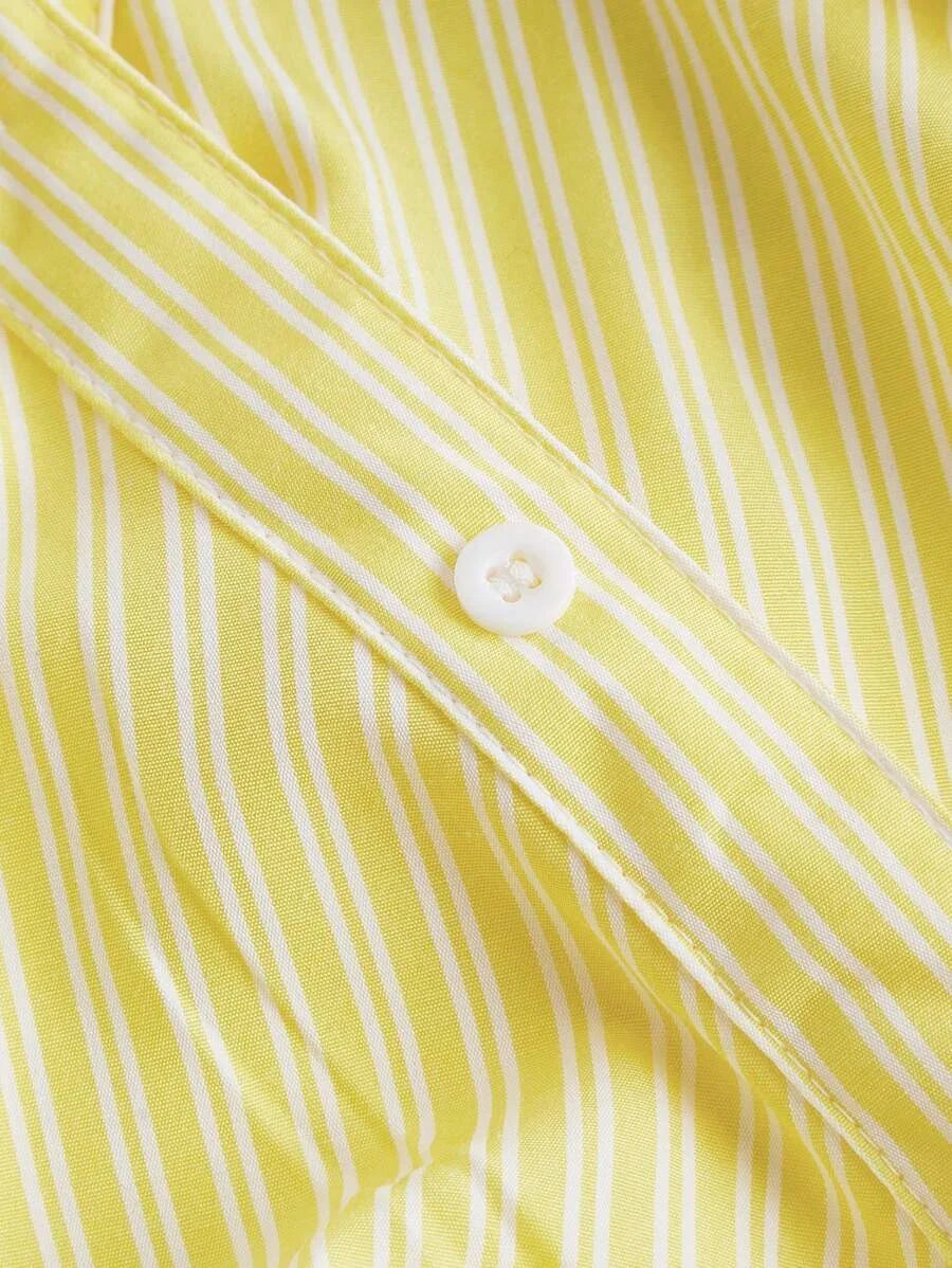 Womens Yellow and White Striped Turndown Collar Fold Over Long Sleeve Crop Top Business Business Casual