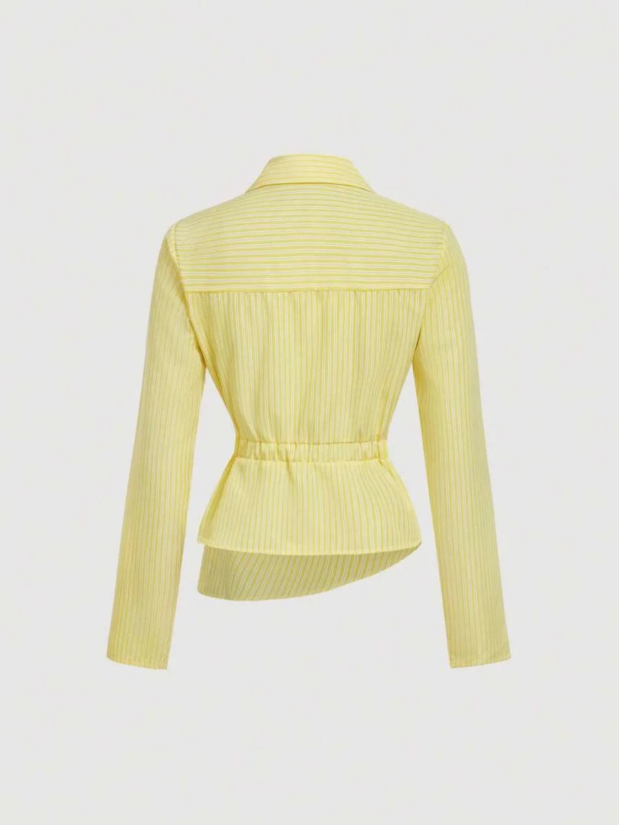 Womens Yellow and White Striped Turndown Collar Fold Over Long Sleeve Crop Top Business Business Casual