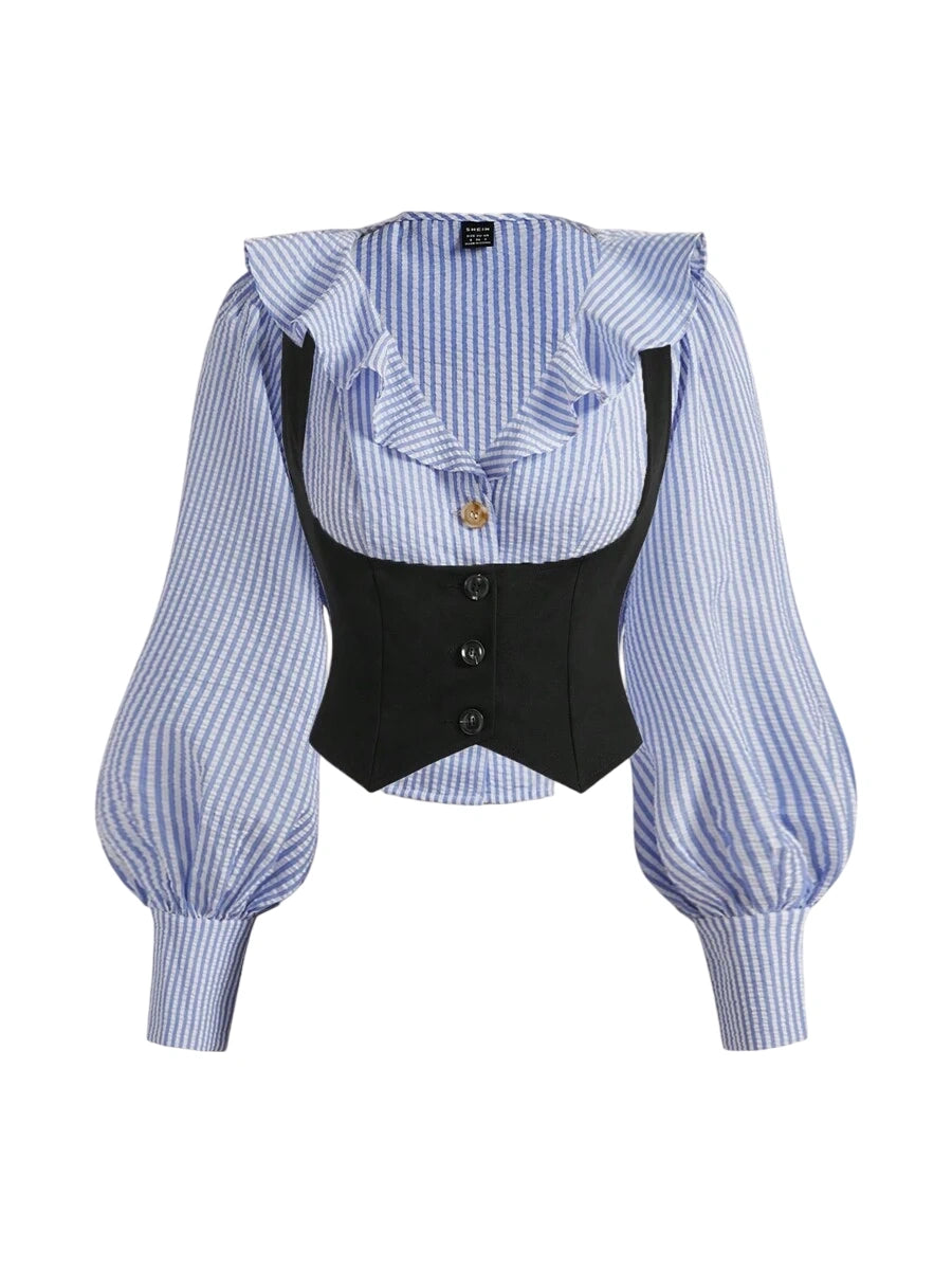 Blue striped blouse with puff sleeves and black buttoned vest