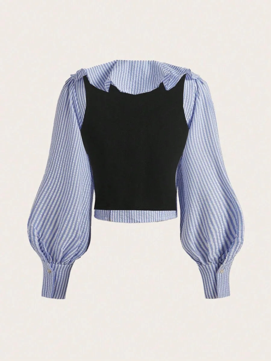 Woven Oversized Funnel Collar Long Sleeve Women Shirt