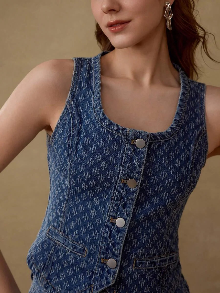 X PRISCILA amp JIMENA MOTF PREMIUM TEXTURED BUTTON UP DENIM VEST