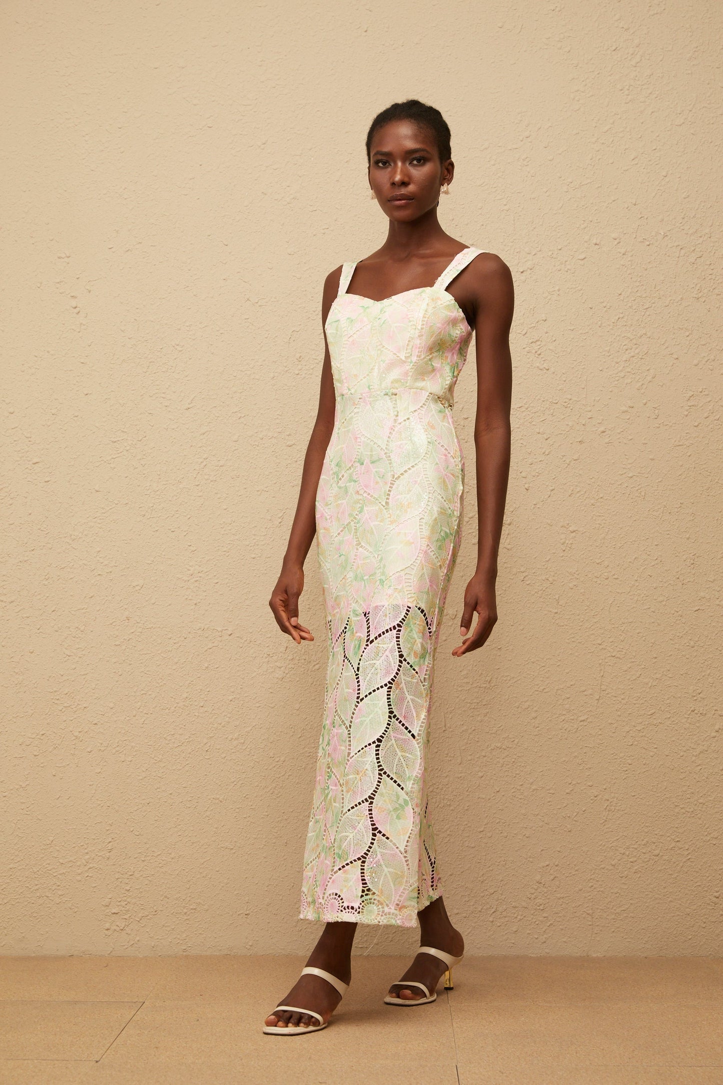 Xénia Neutral Leaf Applique Cut Out Maxi Dress