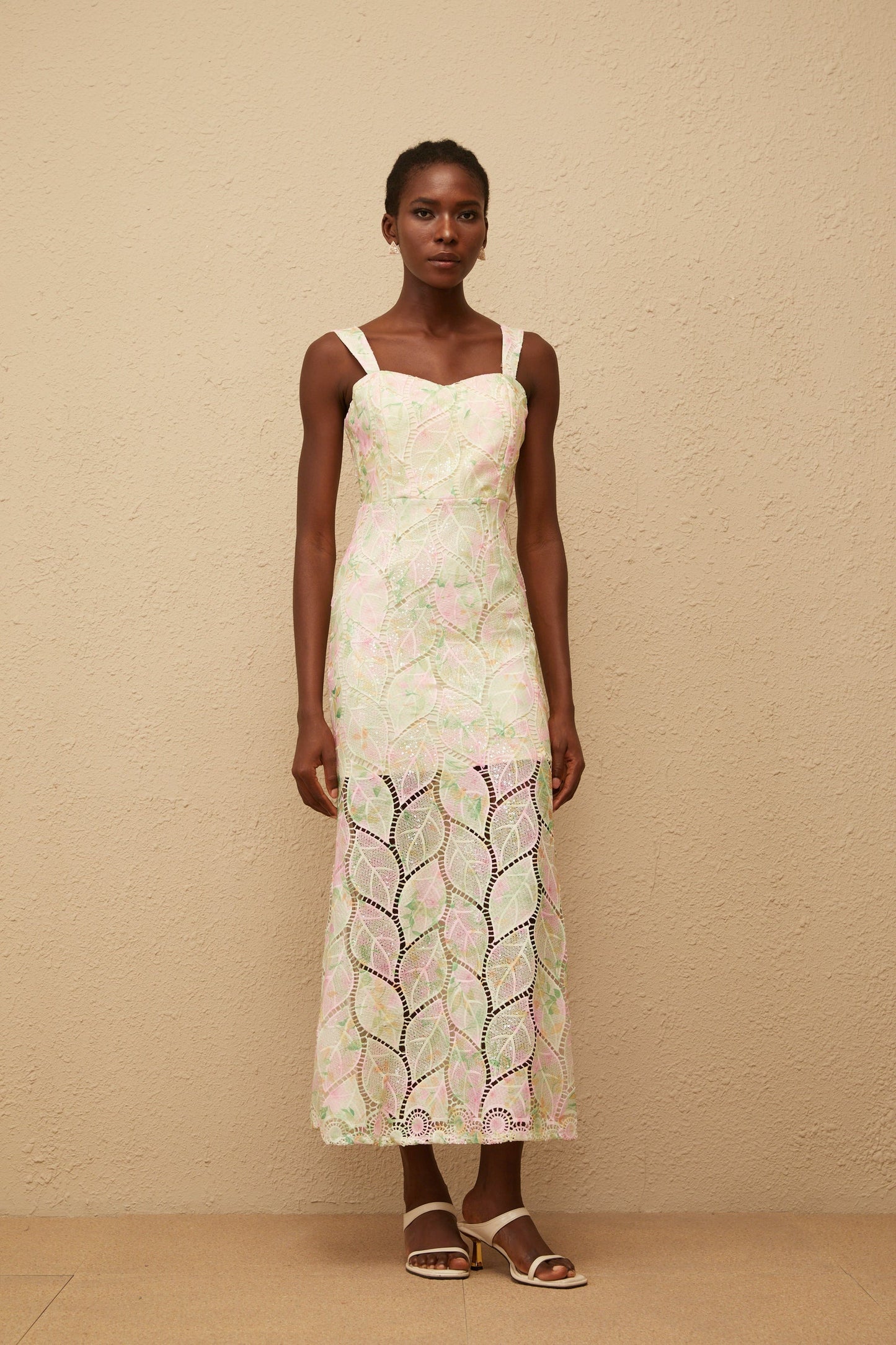 Xénia Neutral Leaf Applique Cut Out Maxi Dress
