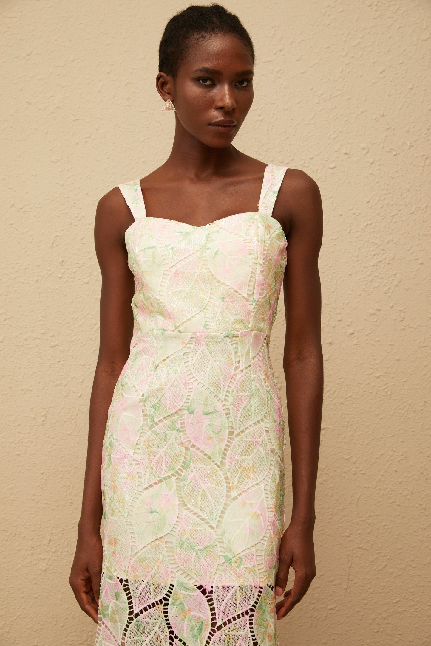 Xénia Neutral Leaf Applique Cut Out Maxi Dress