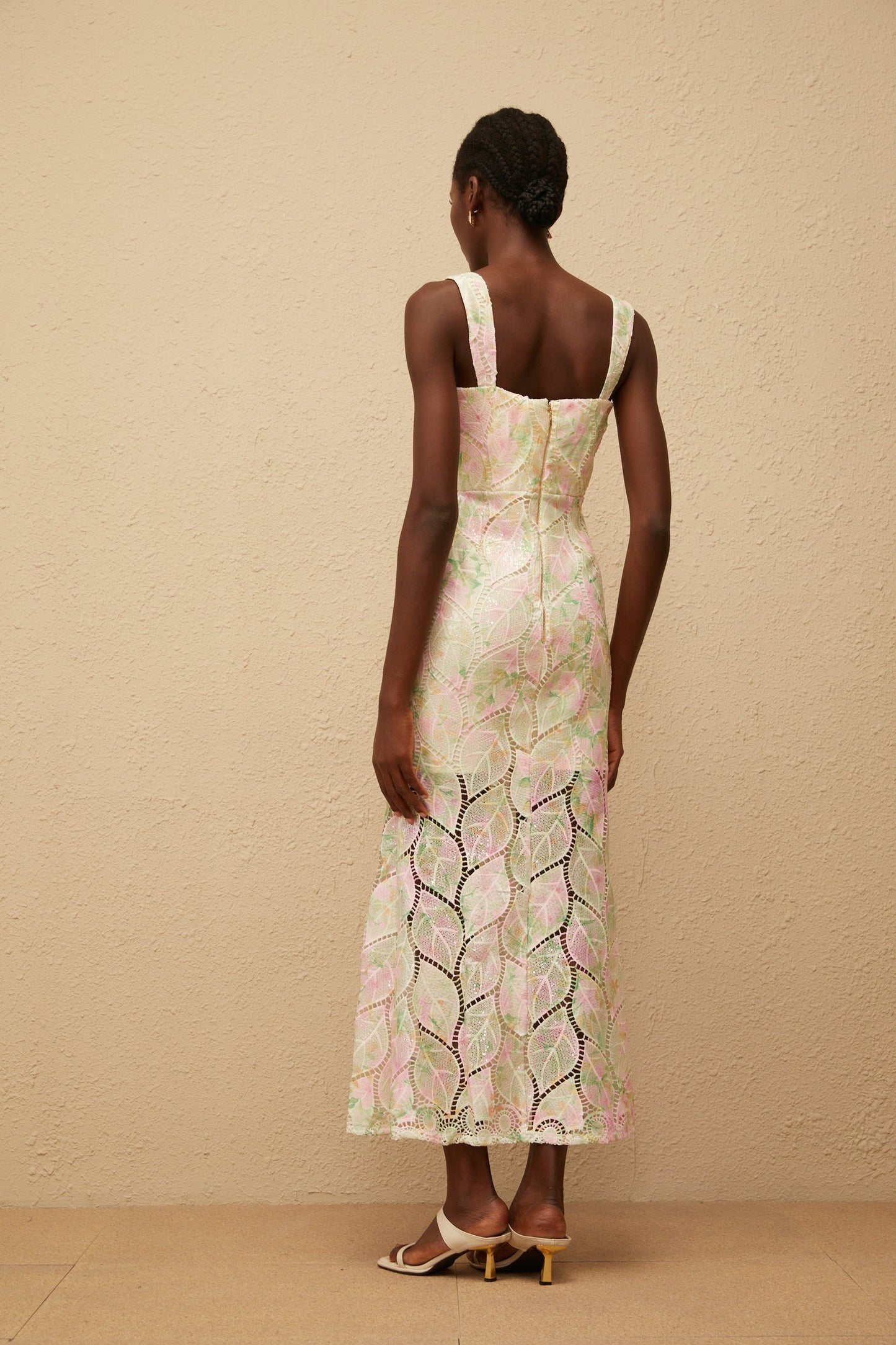 Xénia Neutral Leaf Applique Cut Out Maxi Dress