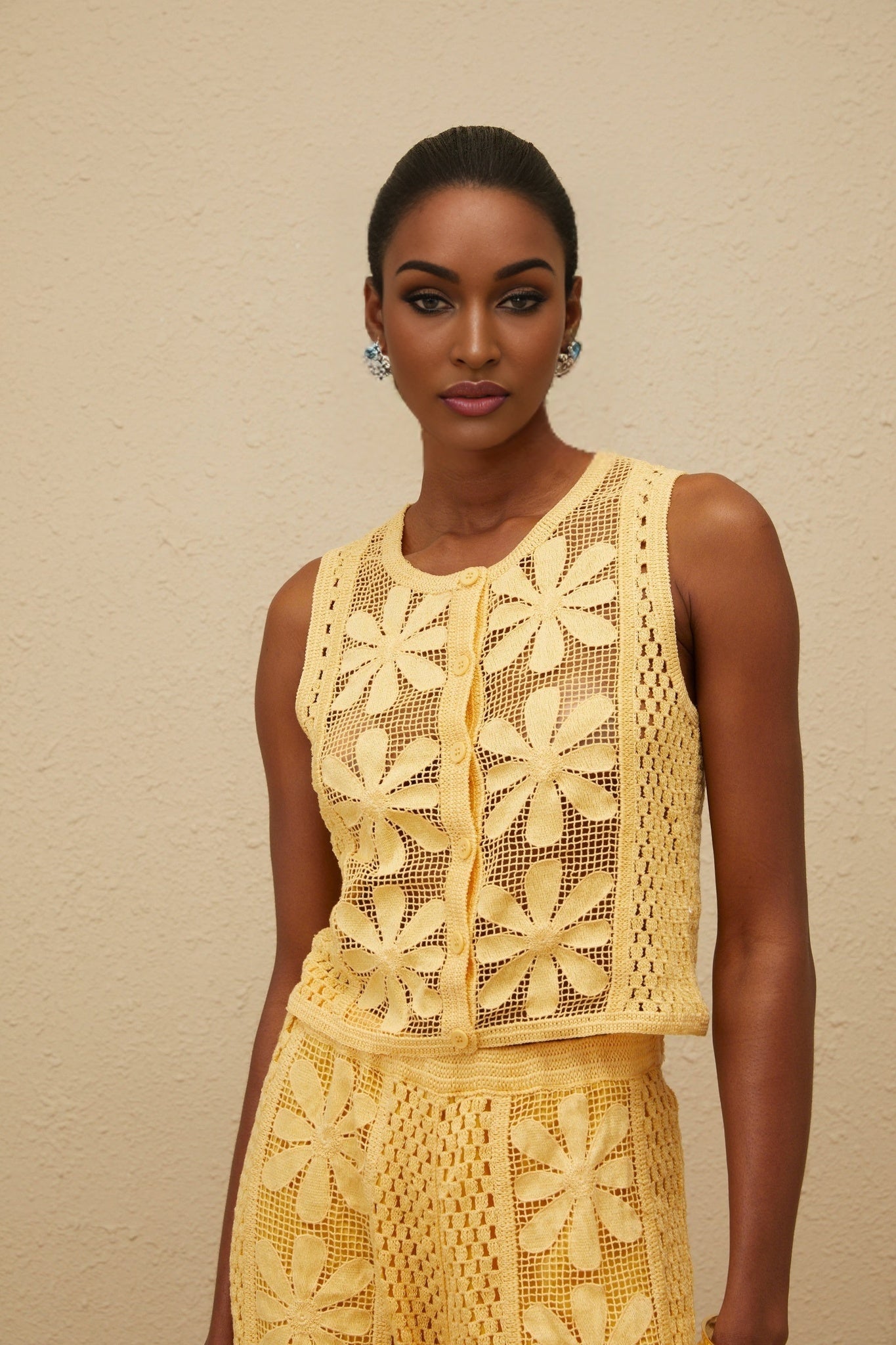 Yellow Crochet Knit Floral Jacquard Sleeveless Top and Wide Leg Trousers Set