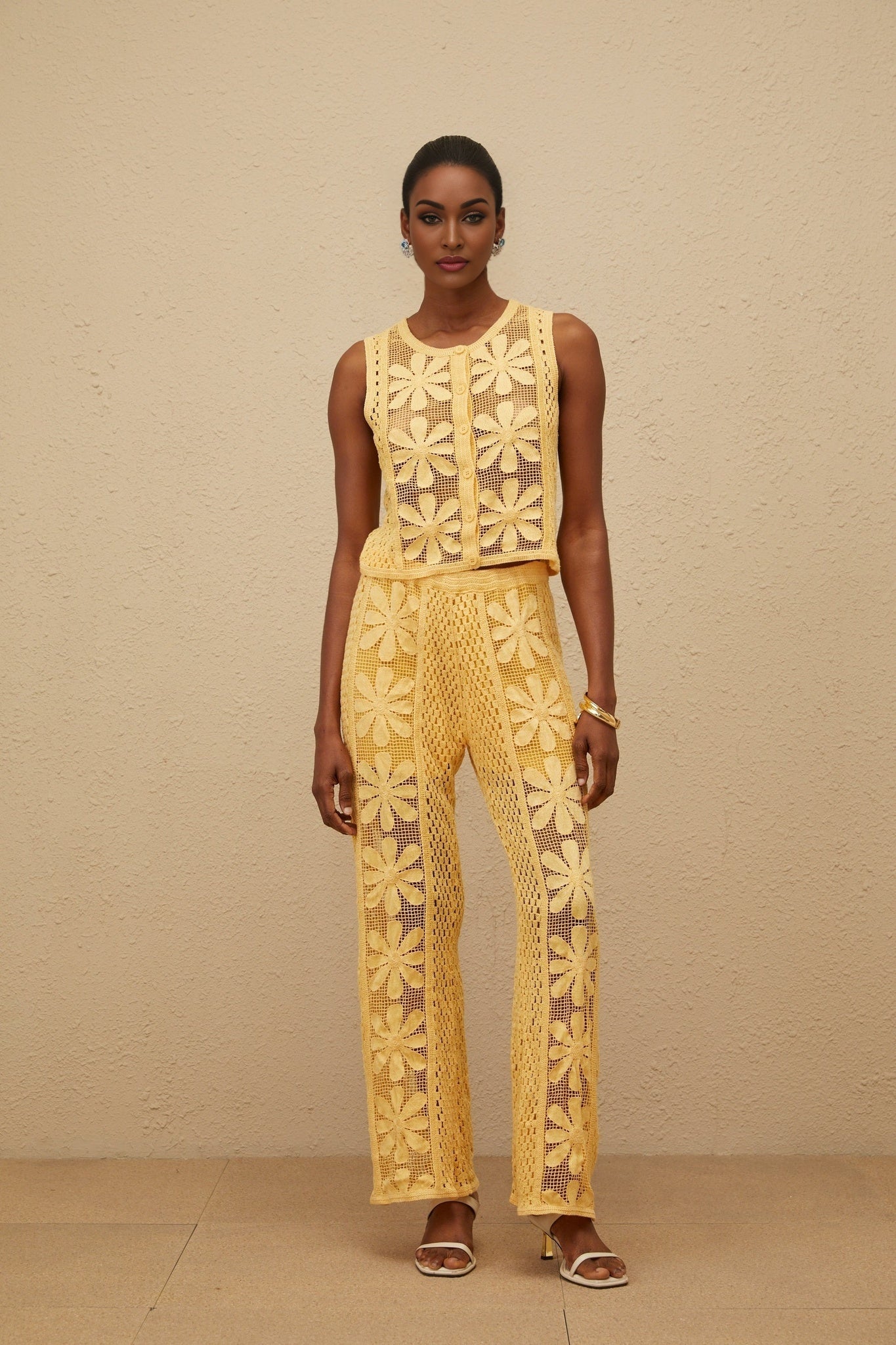 Yellow crochet knit floral jacquard sleeveless top and wide leg trousers set