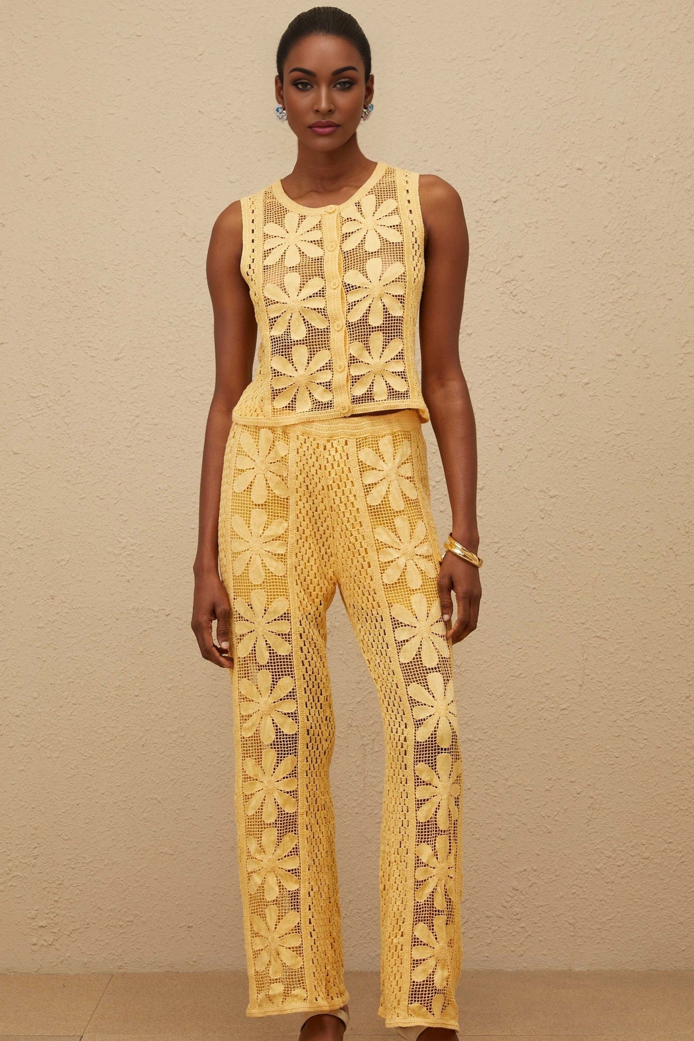 Yellow Crochet Knit Floral Jacquard Sleeveless Top and Wide Leg Trousers Set