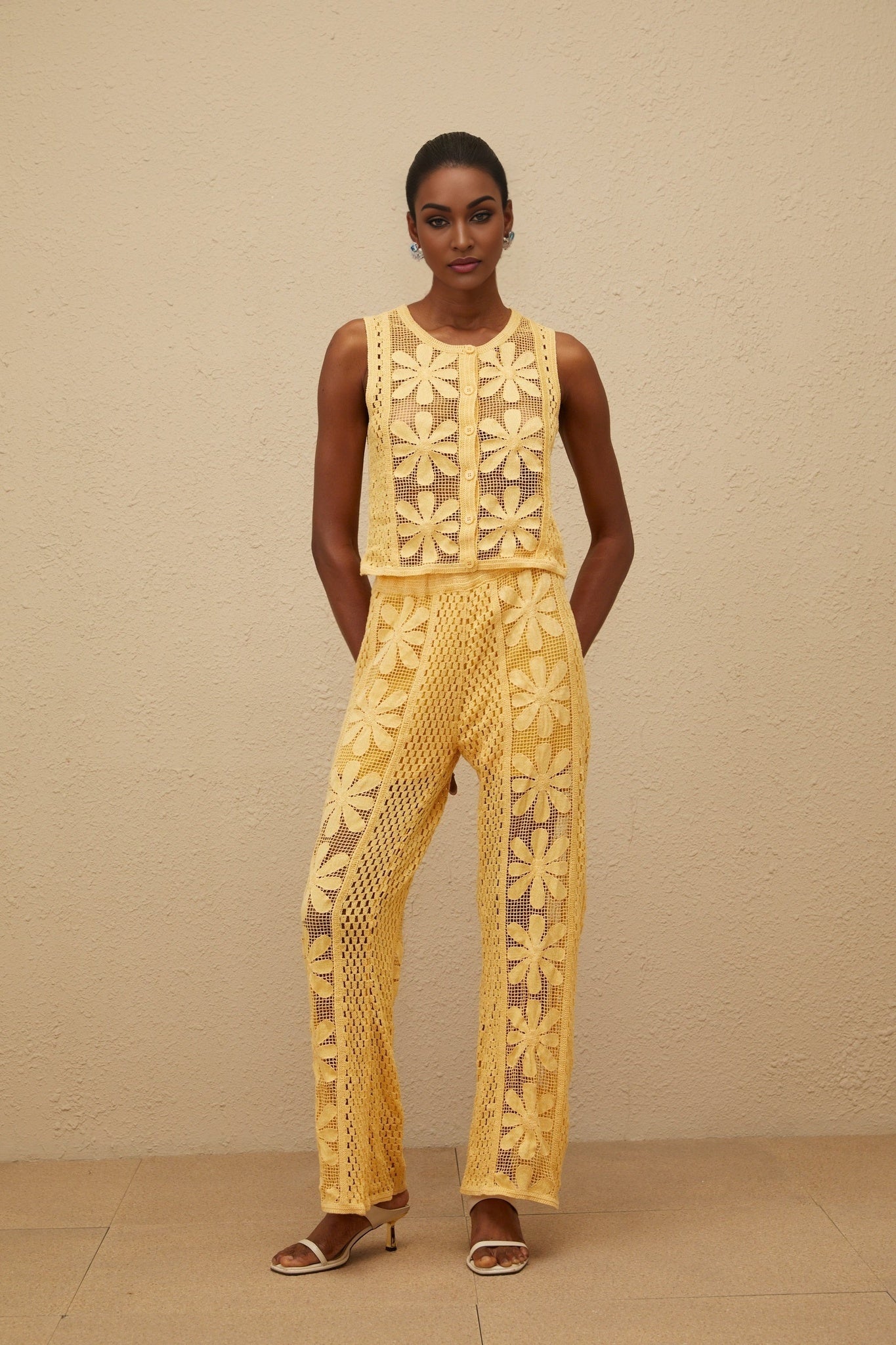 Yellow crochet knit floral jacquard sleeveless top and wide leg trousers set