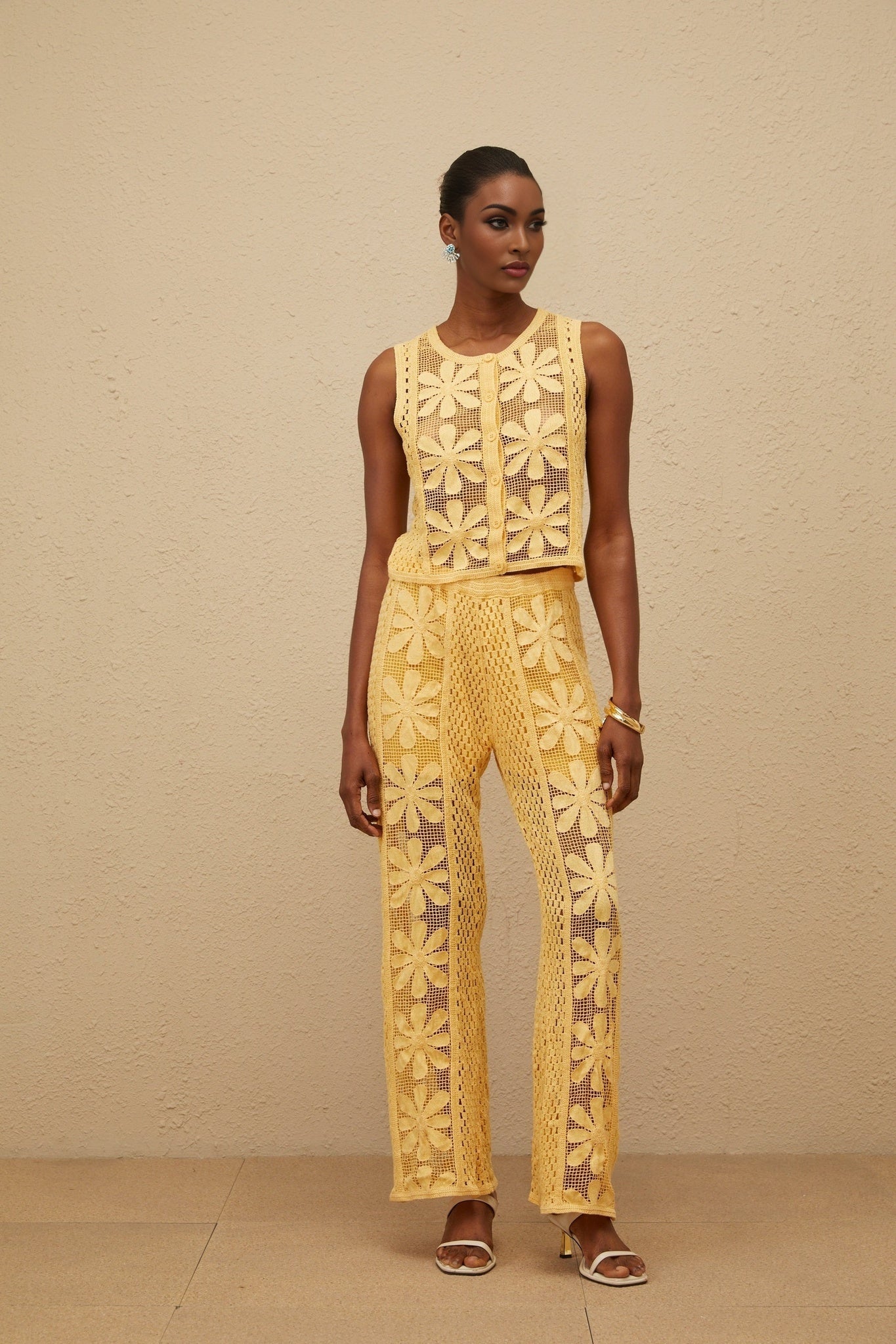 Yellow Crochet Knit Floral Jacquard Sleeveless Top and Wide Leg Trousers Set
