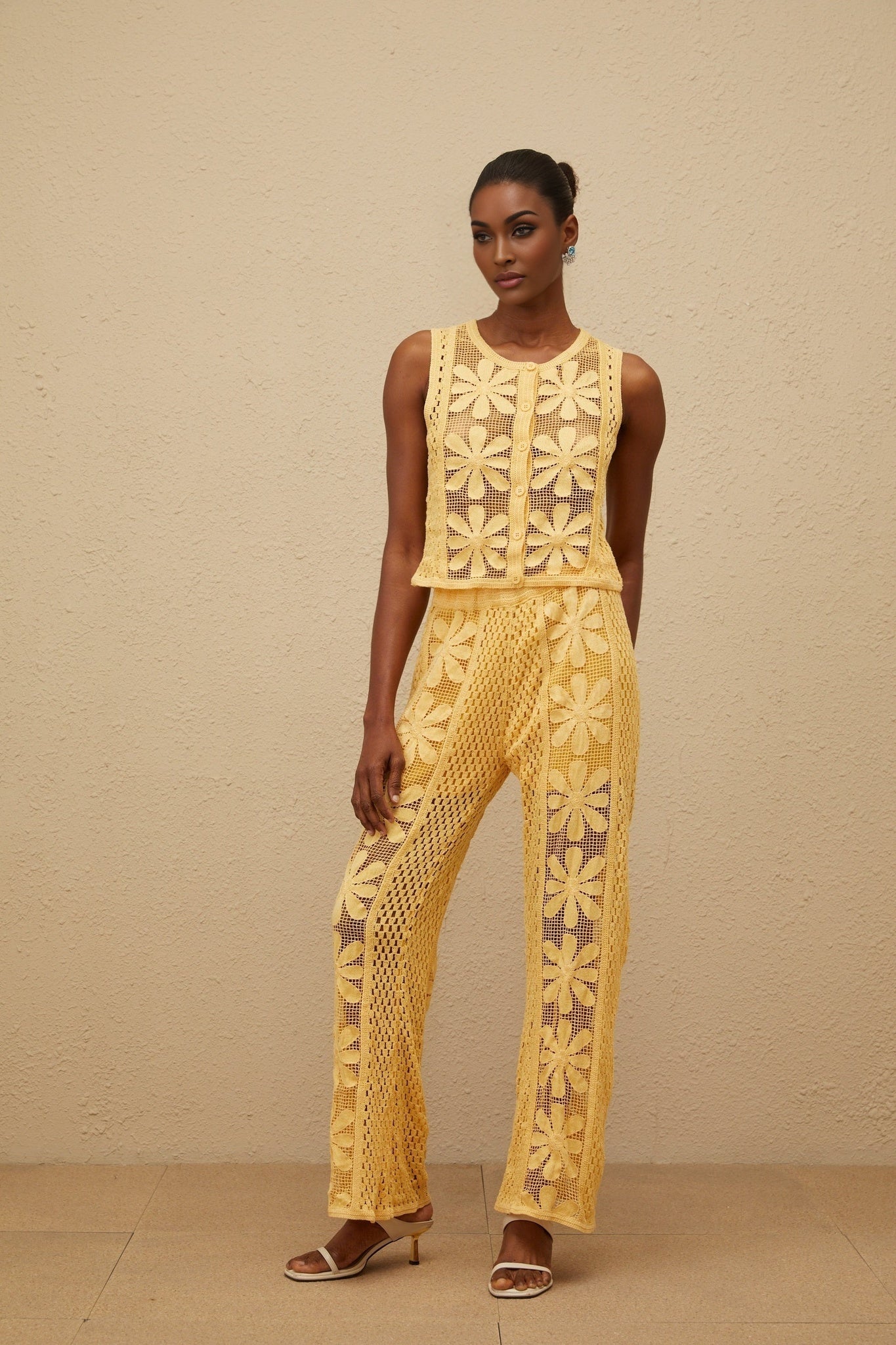 Yellow Crochet Knit Floral Jacquard Sleeveless Top and Wide Leg Trousers Set